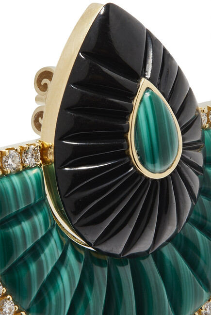 Bond Street Fan Big Earrings, 18k Yellow Gold with Diamonds, Malachite & Onyx